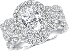 Oval Brilliant Cut Moissanite Double Halo Sterling Silver Bridal Ring Set with Marquise Band & Stackable Rings for Women