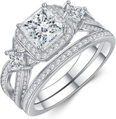 2PC Vintage Princess Cut CVD Diamond 925 Sterling Silver Bridal Engagement Wedding Ring Set for Women