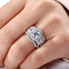 3 PC Round Cut Moissanite Halo Sterling Silver Bridal Wedding & Engagement Ring Set for Women