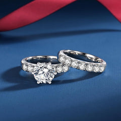 2 PC Round Cut CVD Diamond Sterling Silver Bridal Engagement Ring Set & Wedding Band for Women