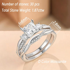 2 PC Princess Cut Moissanite Sterling Silver Bridal Wedding & Engagement Ring Set with Infinity Bands