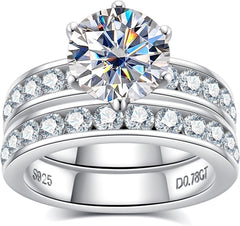 Round Cut Moissanite Sterling Silver Bridal Wedding Ring Set with Engagement Ring & Band for Women