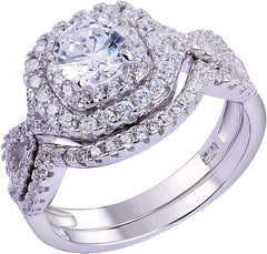 Round Cut Moissanite Sterling Silver Bridal Engagement Ring & Wedding Band Set for Women