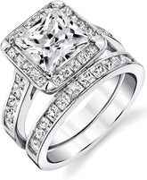 2 PC Princess Cut Moissanite Sterling Silver Bridal Wedding & Engagement Ring Set for Women