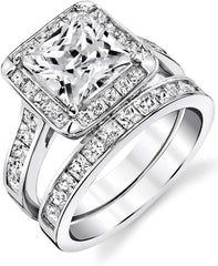 2 PC Princess Cut CVD Diamond Sterling Silver Bridal Wedding & Engagement Ring Set for Women