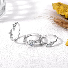 3 PC Heart Cut Moissanite Sterling Silver Leaf Design Bridal Wedding & Engagement Ring Set for Women