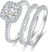 3PC Halo Moissanite Sterling Silver Bridal Wedding Ring Set with Engagement Bands for Women