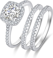 3PC Halo Moissanite Sterling Silver Bridal Wedding Ring Set with Engagement Bands for Women