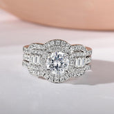 3 PC Round Cut Moissanite Halo Sterling Silver Bridal Wedding & Engagement Ring Set for Women