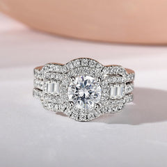 3 PC Round Cut Moissanite Halo Sterling Silver Bridal Wedding & Engagement Ring Set for Women