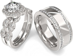 Round Brilliant Cut Moissanite Sterling Silver His and Hers Wedding Ring Set – Couples Promise Bands