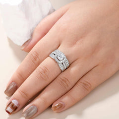 2 PC Round Brilliant Cut Moissanite Sterling Silver Bridal Engagement Ring Set with Enhancer Wrap Band