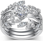 3 PC Heart Cut Moissanite Sterling Silver Leaf Design Bridal Wedding & Engagement Ring Set for Women