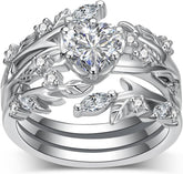 3 PC Heart Cut CVD Diamond Sterling Silver Leaf Design Bridal Wedding Engagement Ring Set for Women