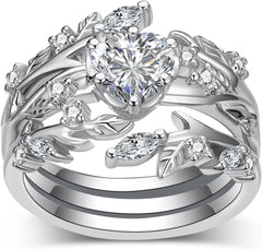 3 PC Heart Cut CVD Diamond Sterling Silver Leaf Design Bridal Wedding & Engagement Ring Set for Women