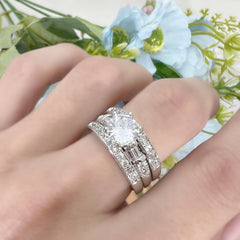 3 PC Princess Cut CVD Diamond Sterling Silver Bridal Wedding & Engagement Ring Set for Women