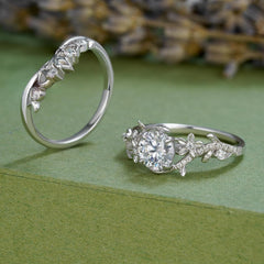 2 PC Round Shape Moissanite Leaf Design Sterling Silver Bridal Wedding & Engagement Ring Set for Women