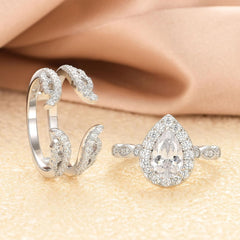 2PC Pear Halo CVD Diamond 925 Sterling Silver Vintage Bridal Engagement & Wedding Ring Set with Guard Enhancer for Women