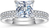 2 PCs Princess Cut Moissanite Sterling Silver Bridal Wedding & Engagement Ring Set for Women