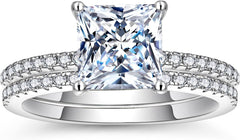 2 PCs Princess Cut Moissanite Sterling Silver Bridal Wedding & Engagement Ring Set for Women