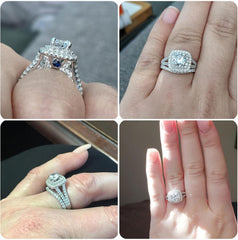 2 PC Round Brilliant Cut Moissanite & Created Blue Sapphire Sterling Silver Bridal Wedding & Engagement Ring Set for Women