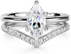 2PC Marquise Cut Moissanite Sterling Silver Bridal Engagement Ring Set with Wedding Band for Women