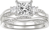 2 PC Princess Cut Moissanite Sterling Silver Bridal Wedding & Engagement Ring Set with Infinity Bands