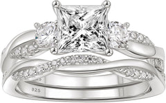 2 PC Princess Cut CVD Diamond Sterling Silver Bridal Wedding & Engagement Ring Set with Infinity Bands