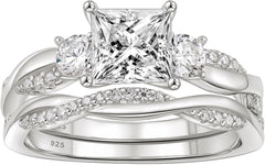 2 PC Princess Cut Moissanite Sterling Silver Bridal Wedding & Engagement Ring Set with Infinity Bands
