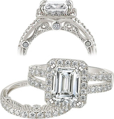 2 PC Vintage Emerald Cut Moissanite Sterling Silver Bridal Wedding & Engagement Ring Set for Women