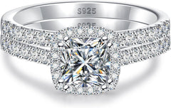 2 PC Square Halo Moissanite Sterling Silver Bridal Wedding & Engagement Ring Set for Women