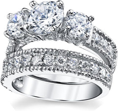 2 PC, 3 Stone Round Cut Moissanite Sterling Silver Past Present Future Bridal Engagement & Wedding Ring Set