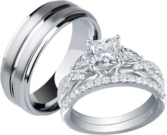 2 PC Princess Cut Moissanite Sterling Silver His & Hers Couples Bridal Wedding Ring Set for Men and Women