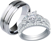 2 PC Princess Cut CVD Diamond Sterling Silver His & Hers Couples Bridal Wedding Ring Set for Men and Women