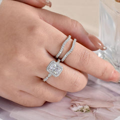 2 PC Radiant Cut Moissanite Sterling Silver Wedding Band Bridal Ring Enhancer Engagement Set for Women