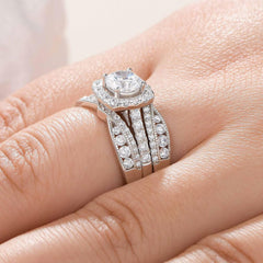 2 PC Round Brilliant Cut Moissanite Sterling Silver Bridal Engagement Ring Set with Enhancer Wrap Band