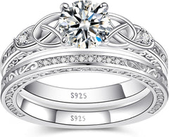 2 PC Round Brilliant Cut Vintage Celtic Knot CVD Diamond Sterling Silver Bridal Wedding & Engagement Ring Set for Women