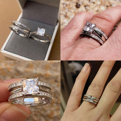 2PC Princess Cut Moissanite Sterling Silver Bridal Engagement Ring Set with Enhancer Wrap Band