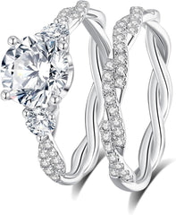 2 PC Round Brilliant Cut Moissanite Three-Stone Pavé Twist Bridal Wedding & Engagement Ring Set for Women