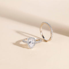 2 PC Pear (Teardrop) Cut Moissanite Sterling Silver Halo Bridal Engagement Ring & Wedding Band Set for Women