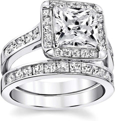2 PC Princess Cut CVD Diamond Sterling Silver Bridal Wedding & Engagement Ring Set for Women