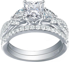 2 PC Princess & Pear Cut CVD Diamond Sterling Silver Bridal Wedding & Engagement Ring Set for Women