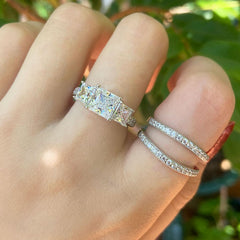 3 PC Three-Stone Princess Cut Sterling Silver CVD Diamond Bridal Sets