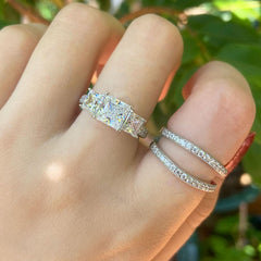 2 PC Princess Cut Three-Stone Moissanite Sterling Silver Wedding Ring Enhancer Bridal Set