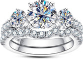 2PC Round Brilliant Cut Moissanite 925 Sterling Silver Bridal Engagement & Wedding Ring Set for Women