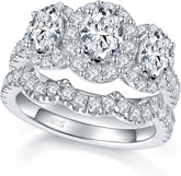 2 PC Oval Cut 3-Stone CVD Diamond Sterling Silver Bridal Wedding Engagement Ring Set for Women