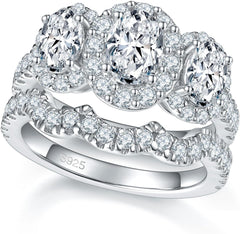 2 PC Oval Cut 3-Stone Moissanite Sterling Silver Bridal Wedding & Engagement Ring Set for Women