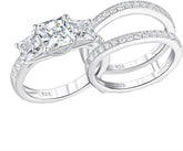 2 PC Princess Cut Three-Stone Moissanite Sterling Silver Wedding Ring Enhancer Bridal Set
