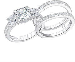 2 PC Princess Cut Three-Stone Moissanite Sterling Silver Wedding Ring Enhancer Bridal Set