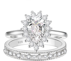 2PC Halo Pear Cut CVD Diamond 925 Sterling Silver Bridal Engagement & Wedding Ring Set for Women